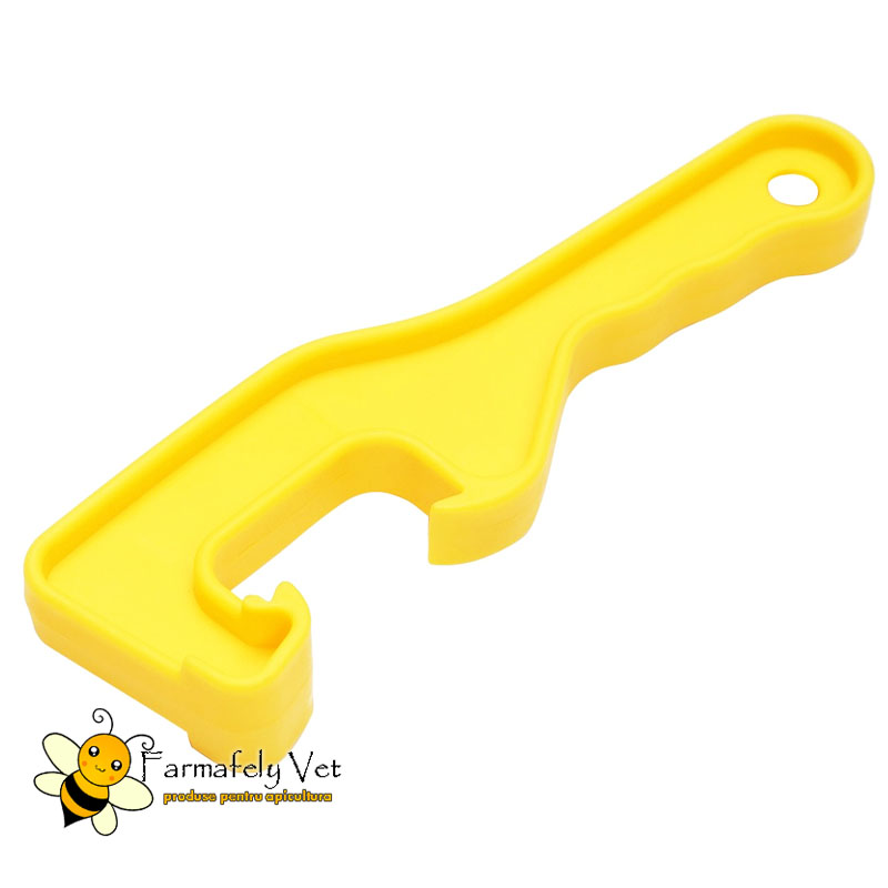 Deschizător din plastic galben pentru găleți de miere, cu orificiu de agățare