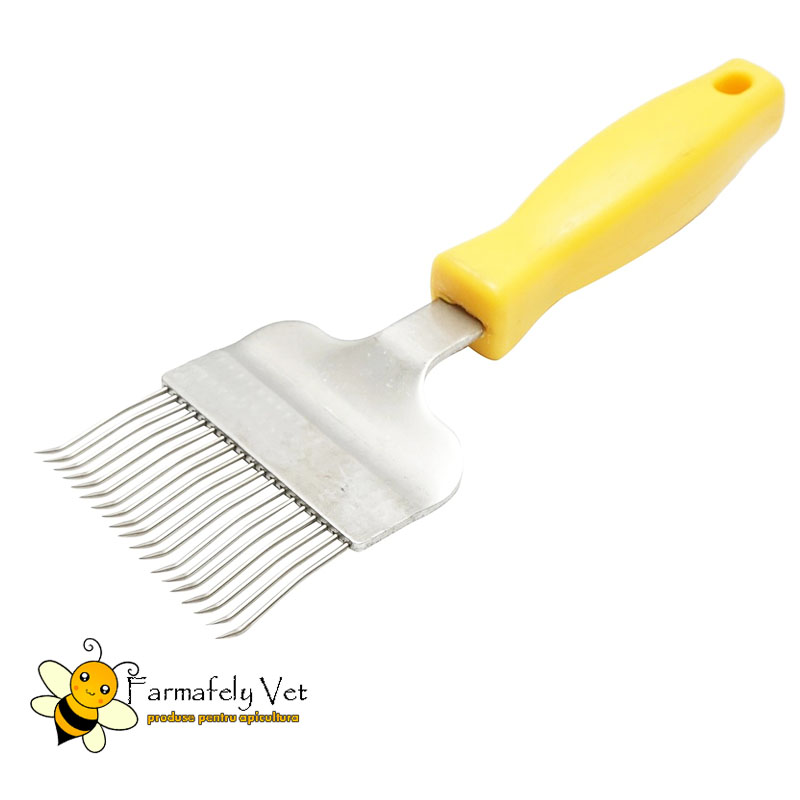 Furculiță de descăpăcit cu dinți îndoiți din inox și mâner galben din plastic